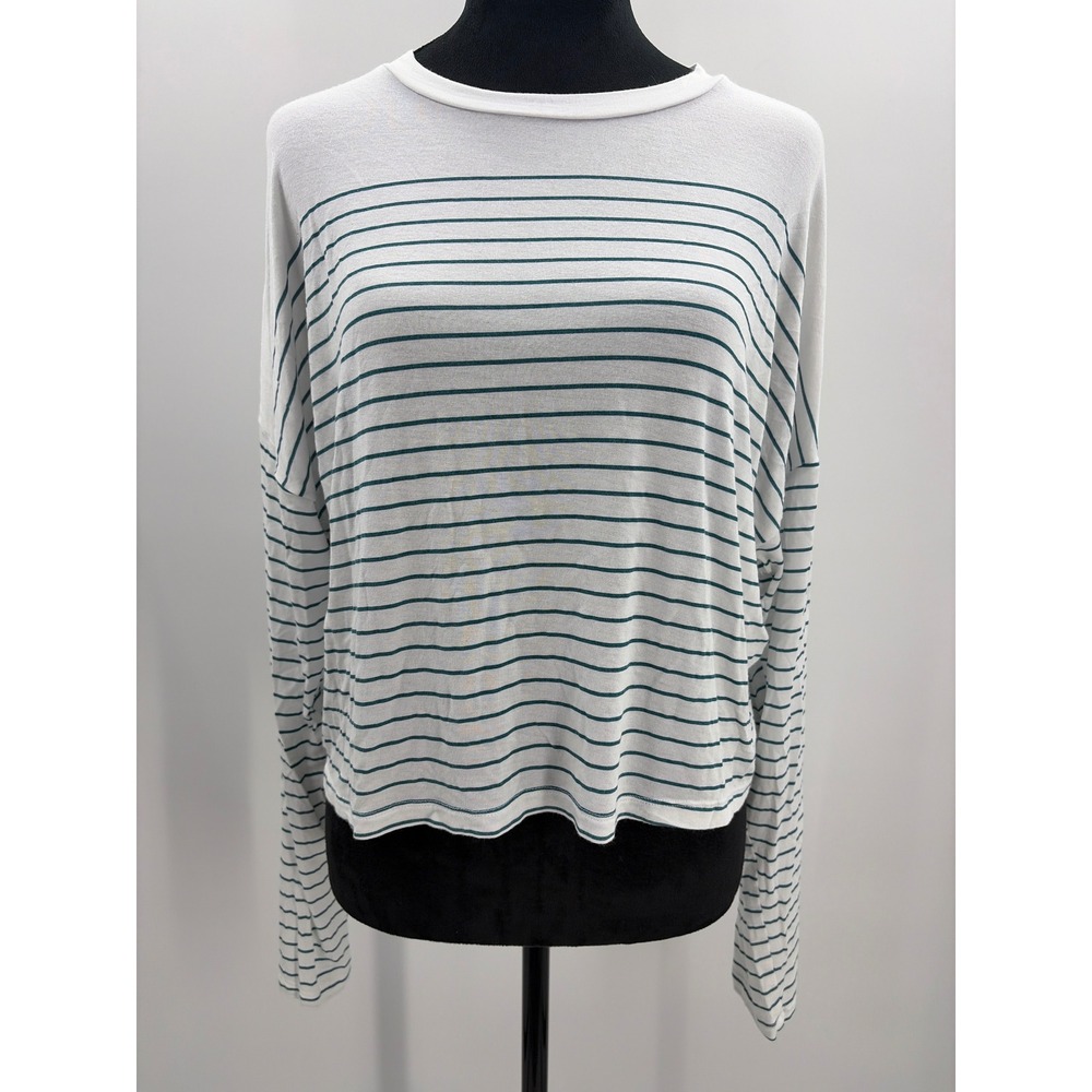 RVCA Selects Womens Medium Striped Long Sleeve Modal Blend Boxy Top White Teal